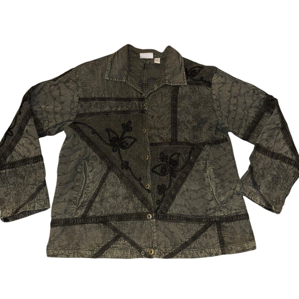 Vintage CHICOS Women's Textured Embroidered 6-Button Jacket Top Green Size 1